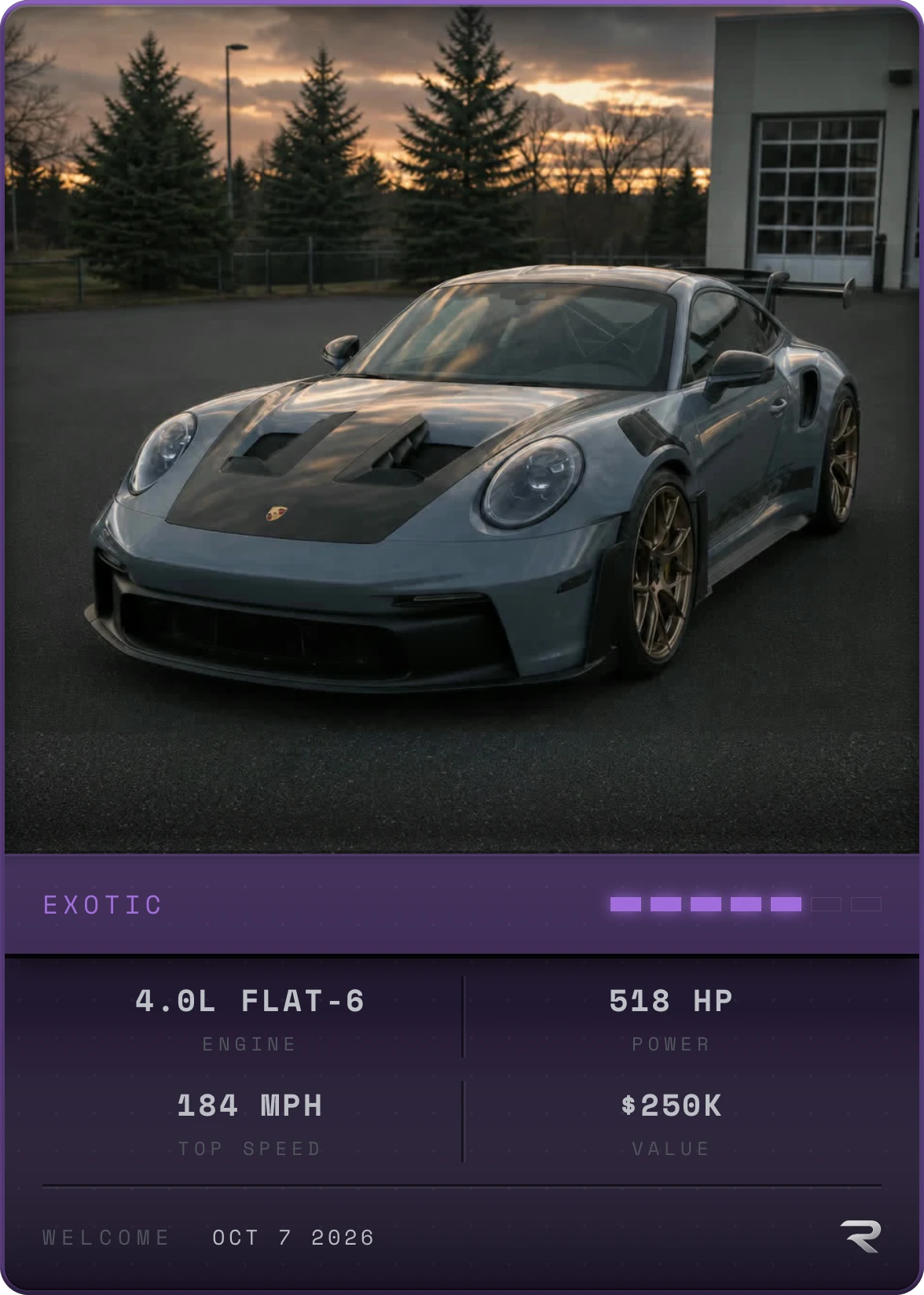 The card's back — the original parking-lot shot over the spec dossier: 4.0L flat-6, 518 HP, 184 MPH, $250K